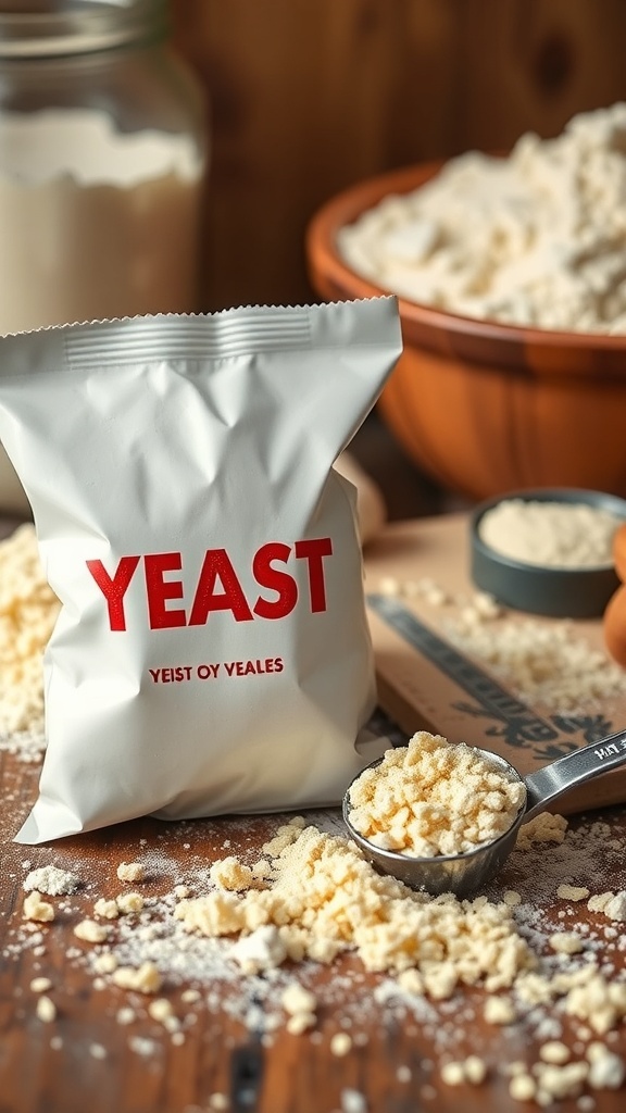 A packet of yeast with measuring spoon on a kitchen counter.